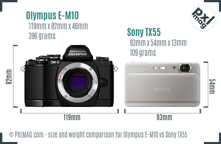 Olympus E-M10 vs Sony TX55 size comparison Olympus E-M10 vs Sony TX55 size comparison