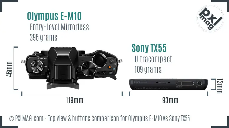 Olympus E-M10 vs Sony TX55 top view buttons comparison