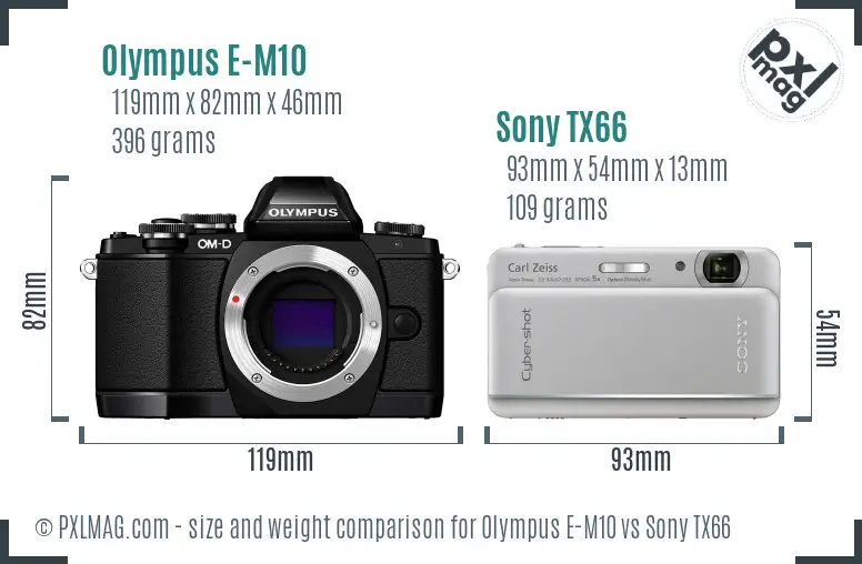 Olympus E-M10 vs Sony TX66 size comparison