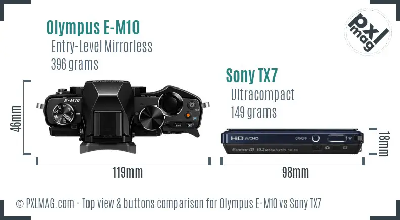 Olympus E-M10 vs Sony TX7 top view buttons comparison Olympus E-M10 vs Sony TX7 top view buttons comparison