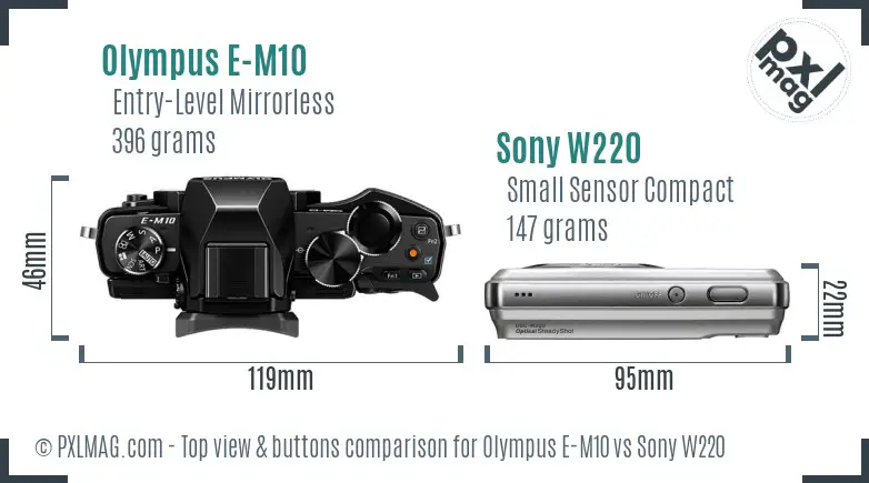 Olympus E-M10 vs Sony W220 top view buttons comparison Olympus E-M10 vs Sony W220 top view buttons comparison