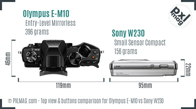 Olympus E-M10 vs Sony W230 top view buttons comparison Olympus E-M10 vs Sony W230 top view buttons comparison