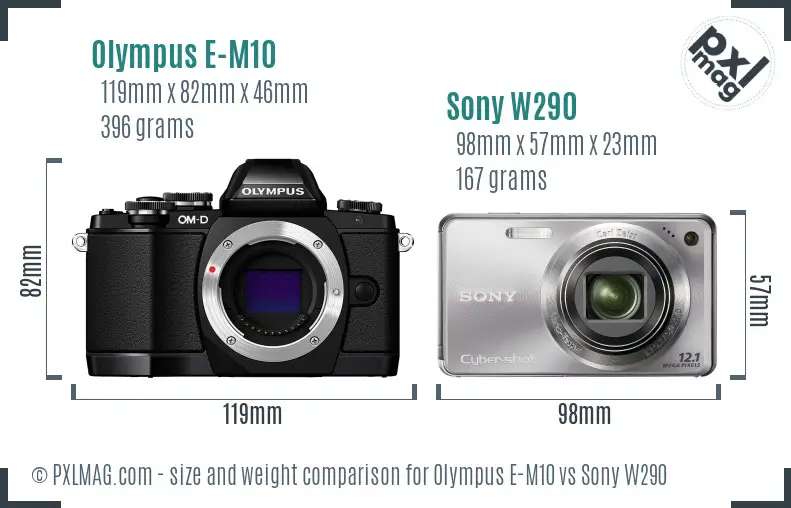 Olympus E-M10 vs Sony W290 size comparison