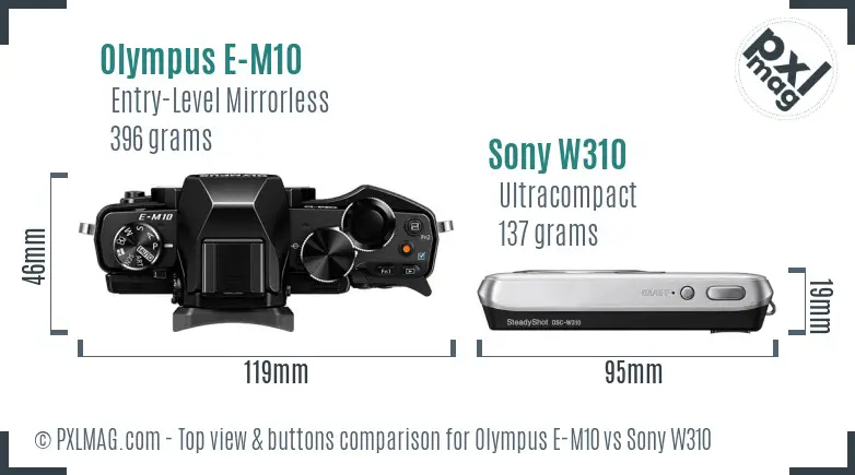 Olympus E-M10 vs Sony W310 top view buttons comparison