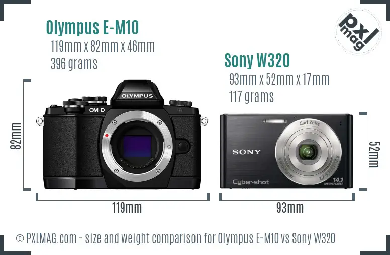 Olympus E-M10 vs Sony W320 size comparison Olympus E-M10 vs Sony W320 size comparison