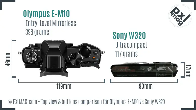 Olympus E-M10 vs Sony W320 top view buttons comparison Olympus E-M10 vs Sony W320 top view buttons comparison
