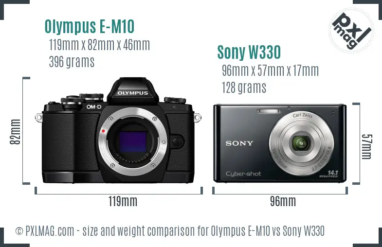 Olympus E-M10 vs Sony W330 size comparison