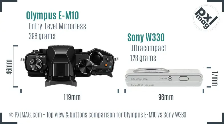 Olympus E-M10 vs Sony W330 top view buttons comparison