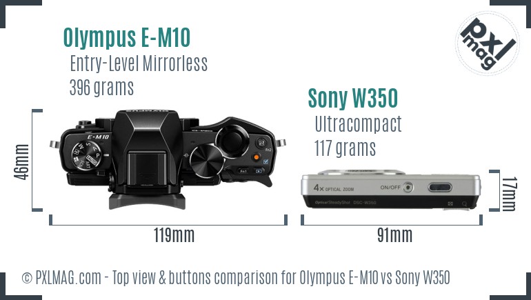 Olympus E-M10 vs Sony W350 top view buttons comparison