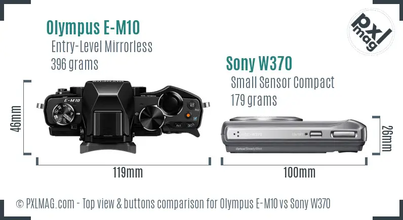 Olympus E-M10 vs Sony W370 top view buttons comparison