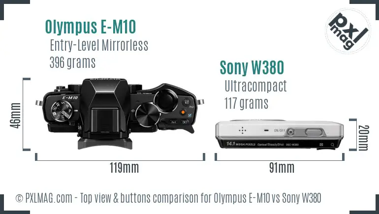 Olympus E-M10 vs Sony W380 top view buttons comparison