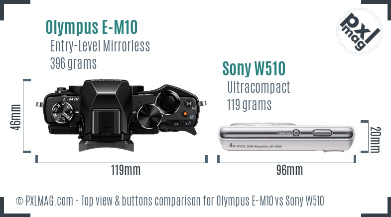 Olympus E-M10 vs Sony W510 top view buttons comparison