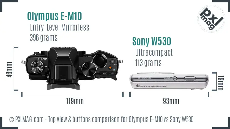 Olympus E-M10 vs Sony W530 top view buttons comparison