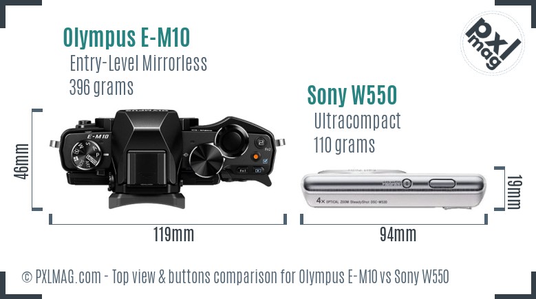 Olympus E-M10 vs Sony W550 top view buttons comparison