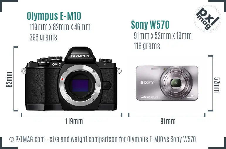Olympus E-M10 vs Sony W570 size comparison