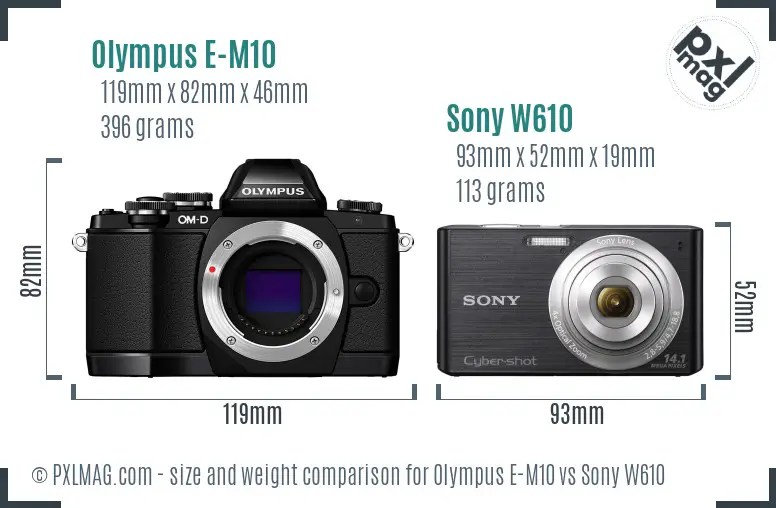 Olympus E-M10 vs Sony W610 size comparison