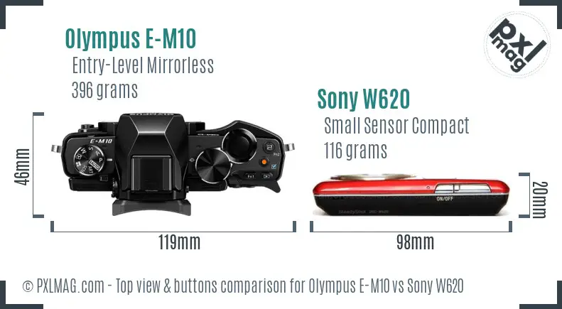 Olympus E-M10 vs Sony W620 top view buttons comparison