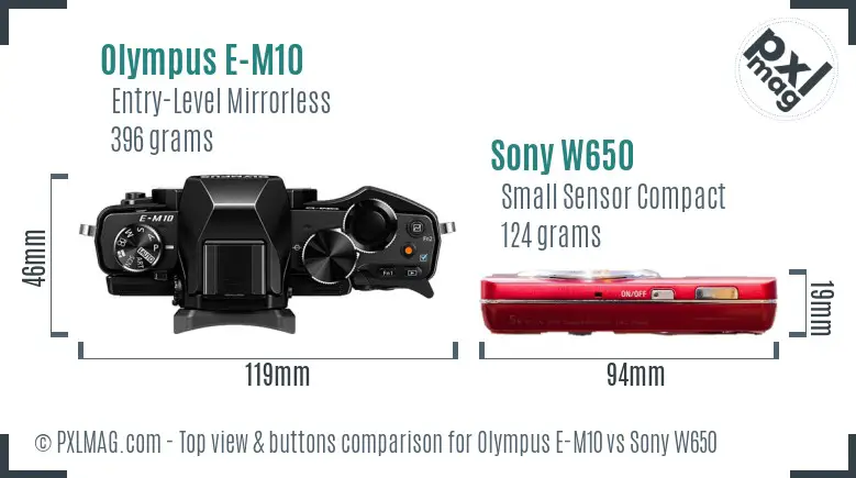 Olympus E-M10 vs Sony W650 top view buttons comparison