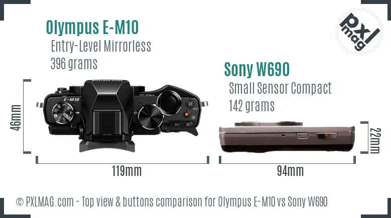 Olympus E-M10 vs Sony W690 top view buttons comparison