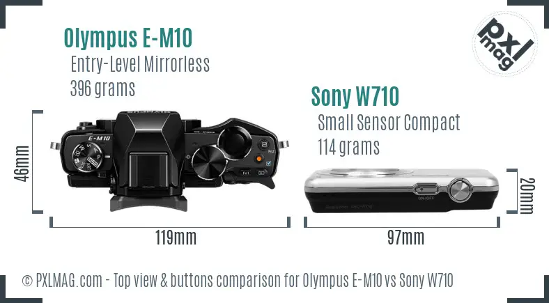 Olympus E-M10 vs Sony W710 top view buttons comparison