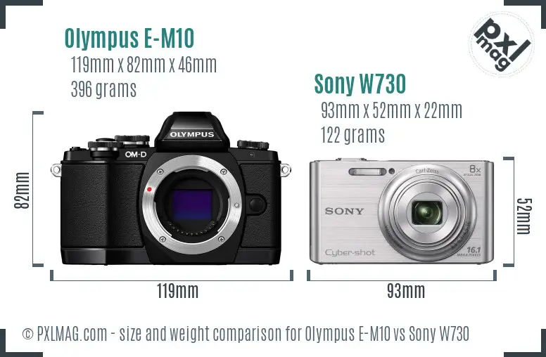 Olympus E-M10 vs Sony W730 size comparison