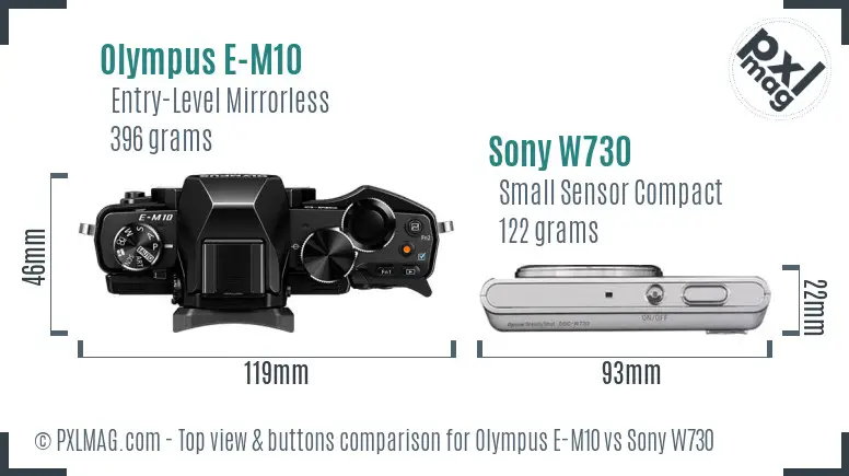 Olympus E-M10 vs Sony W730 top view buttons comparison