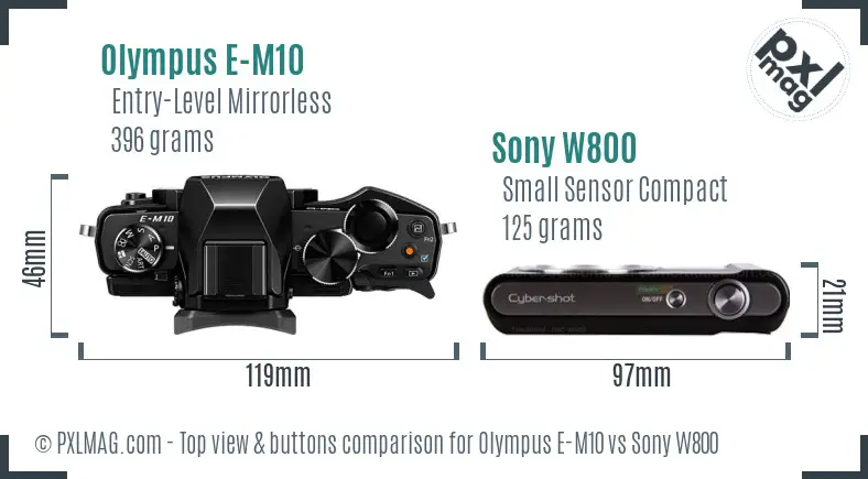 Olympus E-M10 vs Sony W800 top view buttons comparison