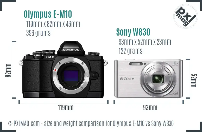 Olympus E-M10 vs Sony W830 size comparison