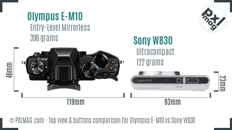 Olympus E-M10 vs Sony W830 top view buttons comparison