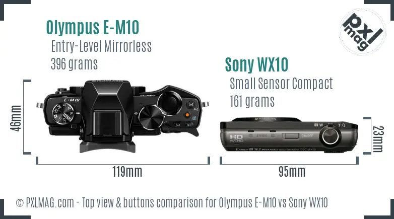 Olympus E-M10 vs Sony WX10 top view buttons comparison