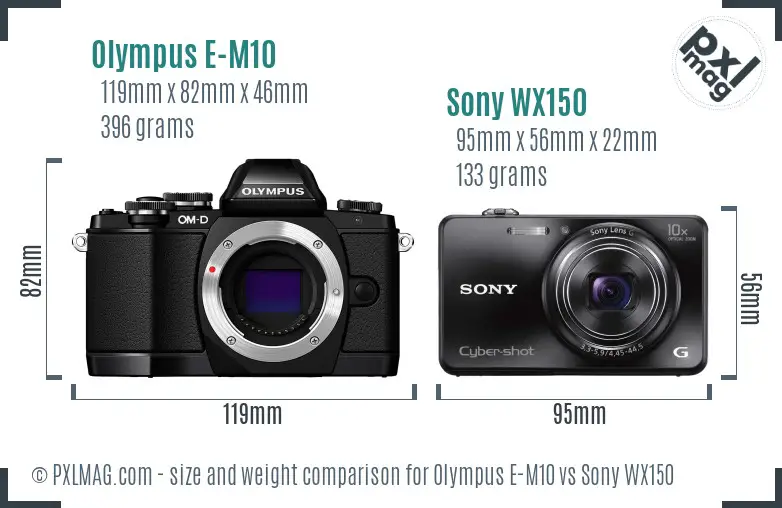Olympus E-M10 vs Sony WX150 size comparison
