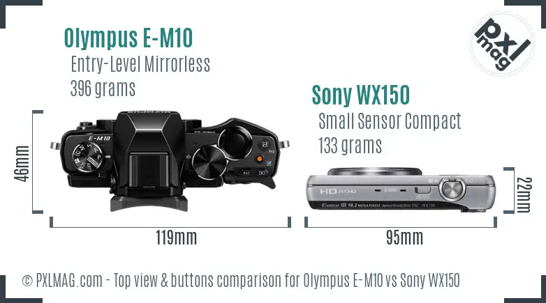 Olympus E-M10 vs Sony WX150 top view buttons comparison