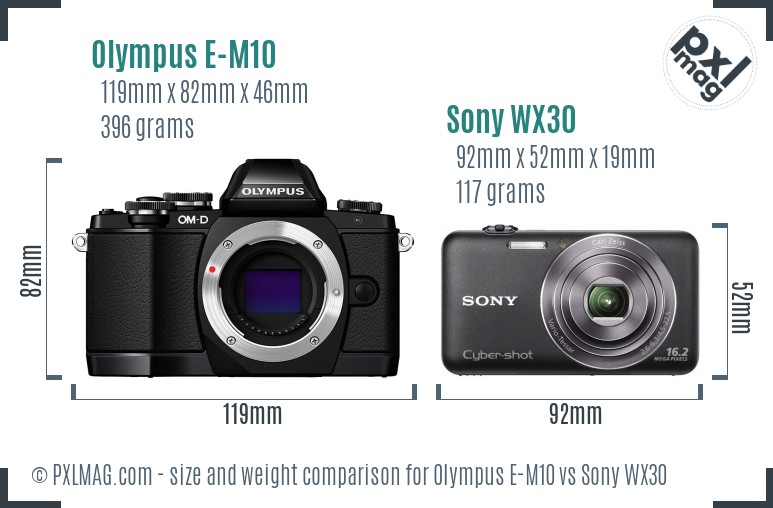 Olympus E-M10 vs Sony WX30 size comparison