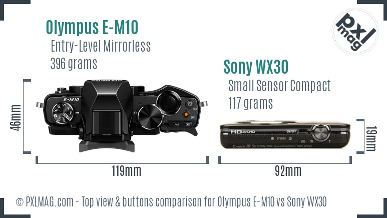 Olympus E-M10 vs Sony WX30 top view buttons comparison