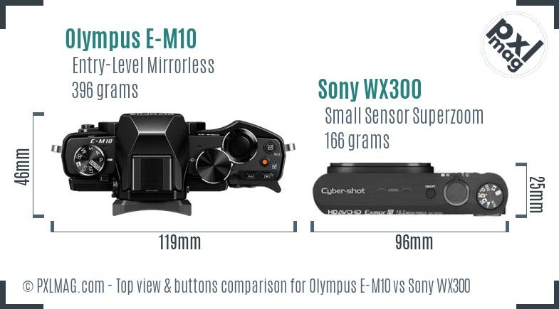 Olympus E-M10 vs Sony WX300 top view buttons comparison