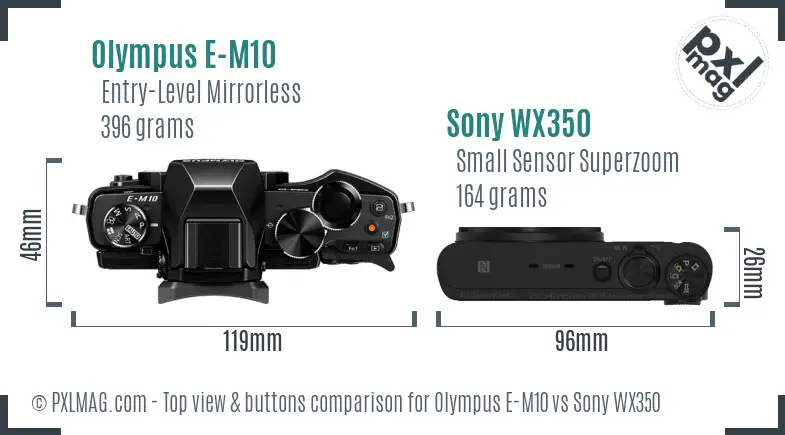 Olympus E-M10 vs Sony WX350 top view buttons comparison