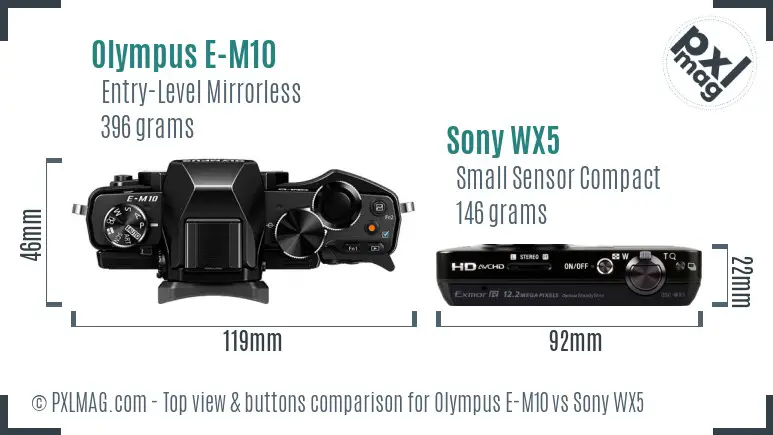 Olympus E-M10 vs Sony WX5 top view buttons comparison
