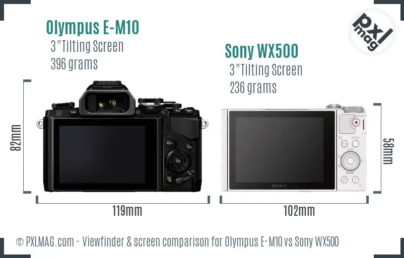 Olympus E-M10 vs Sony WX500 Screen and Viewfinder comparison