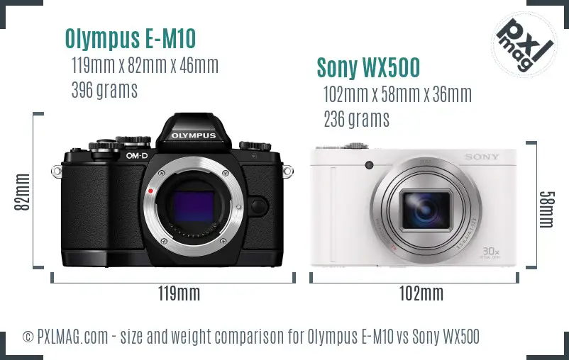 Olympus E-M10 vs Sony WX500 size comparison