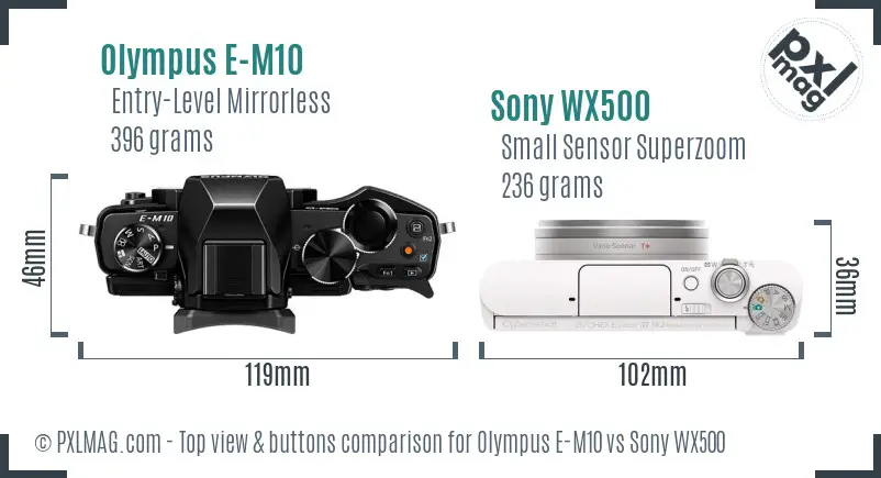 Olympus E-M10 vs Sony WX500 top view buttons comparison