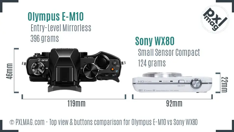 Olympus E-M10 vs Sony WX80 top view buttons comparison