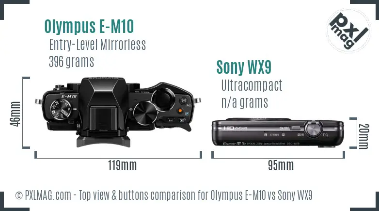 Olympus E-M10 vs Sony WX9 top view buttons comparison