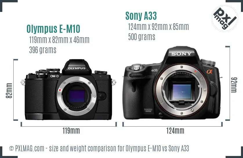 Olympus E-M10 vs Sony A33 size comparison