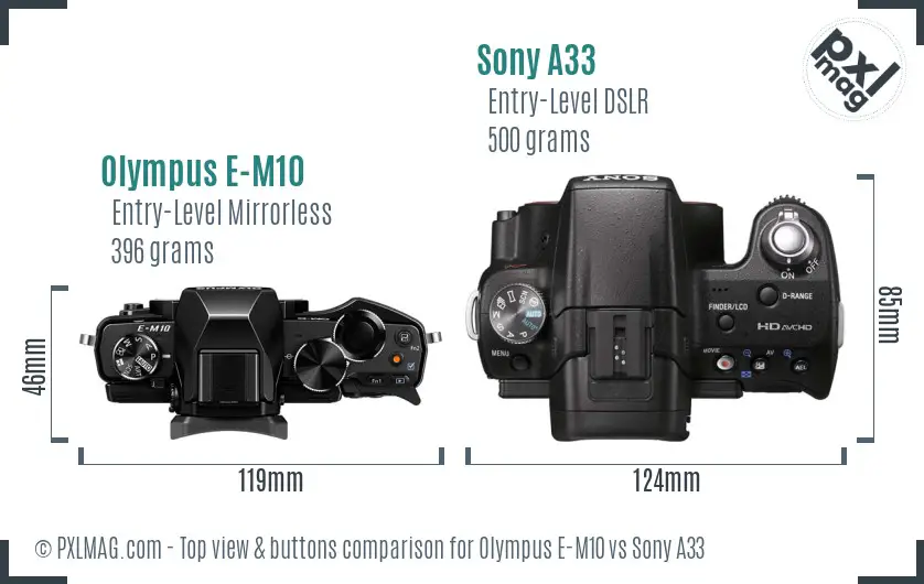 Olympus E-M10 vs Sony A33 top view buttons comparison