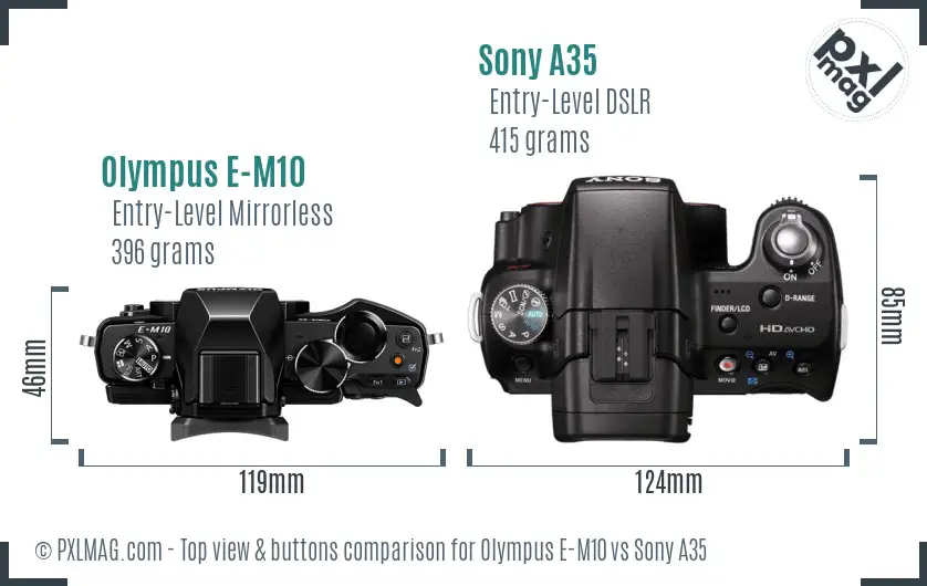 Olympus E-M10 vs Sony A35 top view buttons comparison