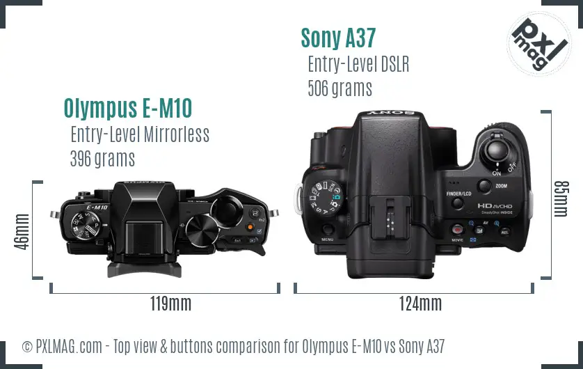 Olympus E-M10 vs Sony A37 top view buttons comparison