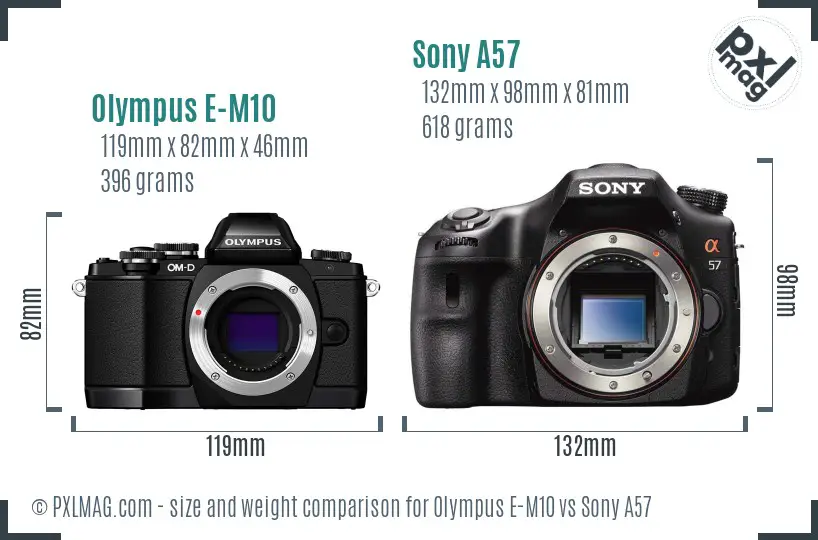 Olympus E-M10 vs Sony A57 size comparison Olympus E-M10 vs Sony A57 size comparison