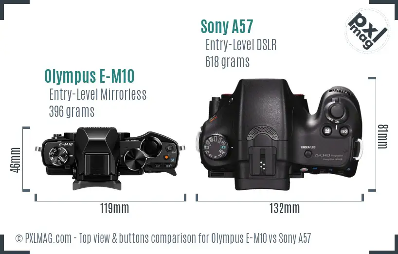 Olympus E-M10 vs Sony A57 top view buttons comparison Olympus E-M10 vs Sony A57 top view buttons comparison
