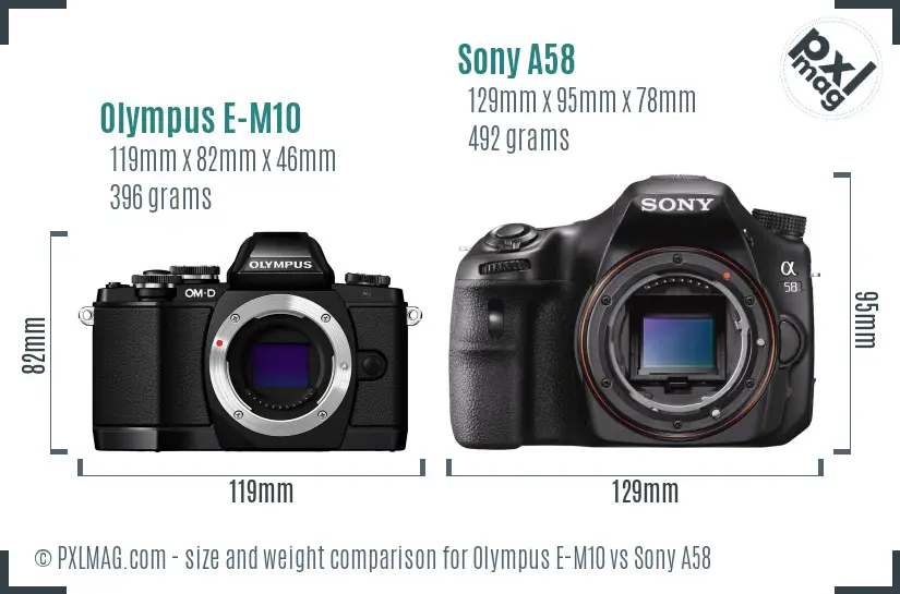 Olympus E-M10 vs Sony A58 size comparison Olympus E-M10 vs Sony A58 size comparison