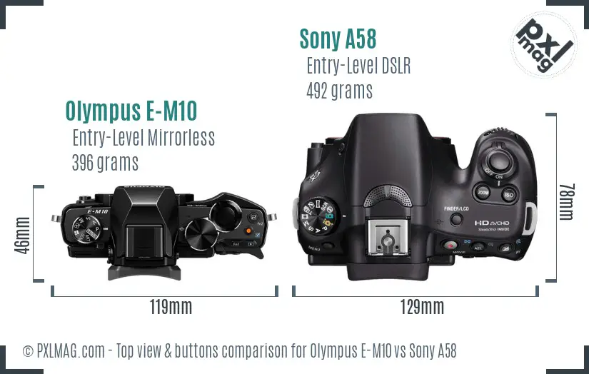 Olympus E-M10 vs Sony A58 top view buttons comparison Olympus E-M10 vs Sony A58 top view buttons comparison